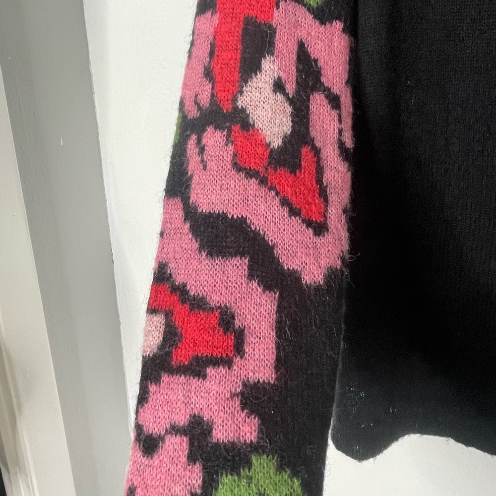 Sundance Black Crewneck Sweater with Pink & Green Floral Sleeves - Picture 4 of 5